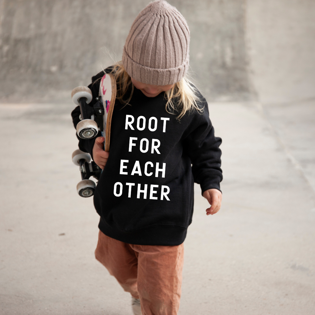 Root for each other kids black sweatshirt